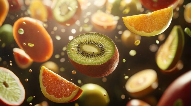 Colombian tropical fruits floating in the air, vibrant slices generative ai