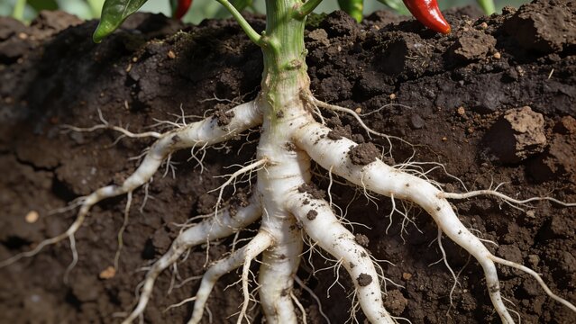 Detailed View of a Healthy Pepper Plant Root System Exposed in Rich Garden Soil