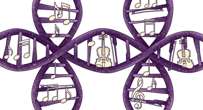 DNA Helix with Musical Notes and Violins Vector Illustration
