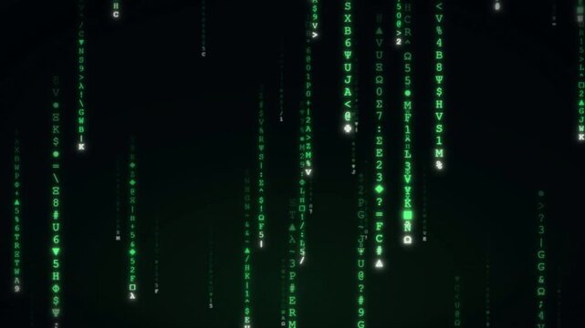 Green digital rain with falling code symbols on black background cyber technology animation