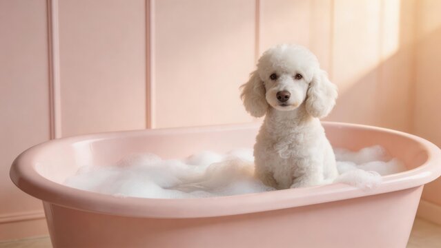 White dog in pink bathtub with foam