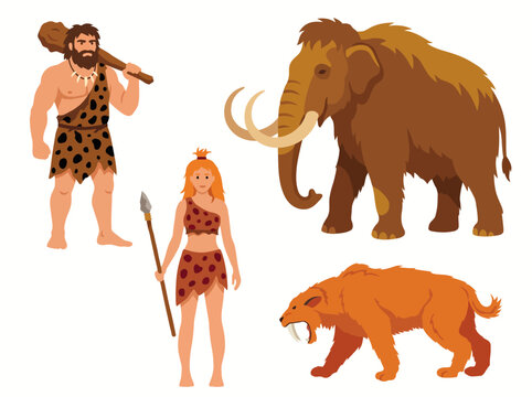 Illustration of prehistoric cave people and animals like mammoths and saber-toothed cats illustrates ancient human history and primal survival instincts.