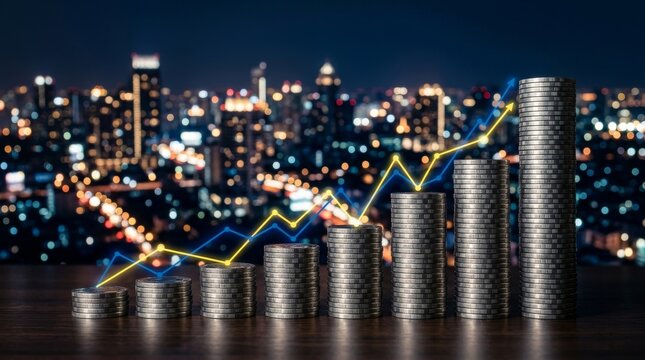 Financial growth concept with stacked coins and rising market graph over city skyline. Ideal for business, investment, banking, economy, and commercial background design projects