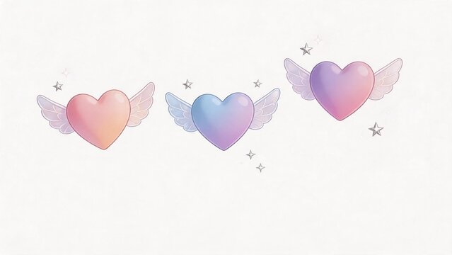 Three colorful winged hearts with stars