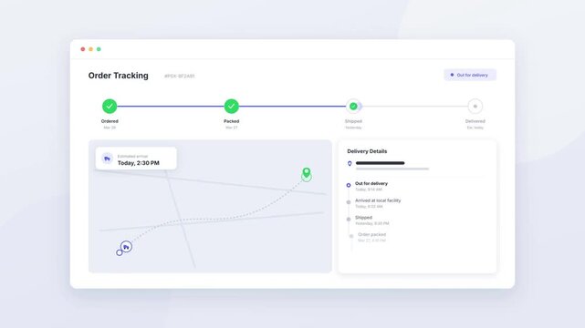 Order tracking interface showing package delivery progress with map route on white background