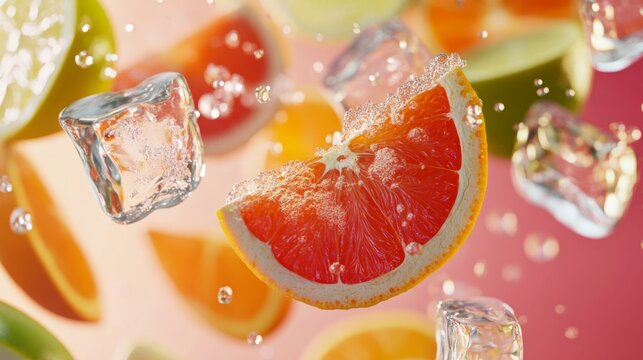 Tropical cocktail ingredients floating in the air, citrus slices, and ice cubes. generative ai
