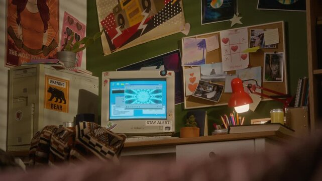 Retro computer setup displaying blue digital visualization of music player on CRT monitor, bright posters in girls bedroom. For retro technology documentaries or vintage lifestyle marketing campaigns
