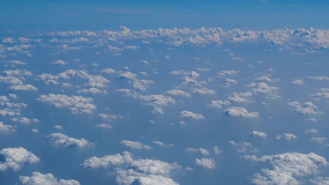 4K Motion landscape sky Aerial view summer tropical blue sky fluffy white cloud summertime sunny day cloudscape. Cumulus blue skyline spring sunlight climate background. Heaven environment