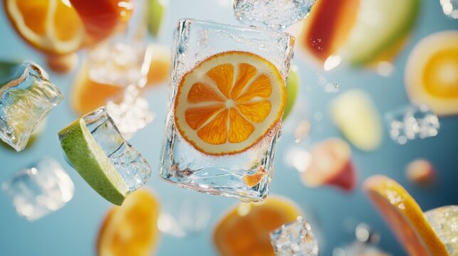 Tropical cocktail ingredients floating in the air, citrus slices, and ice cubes. generative ai