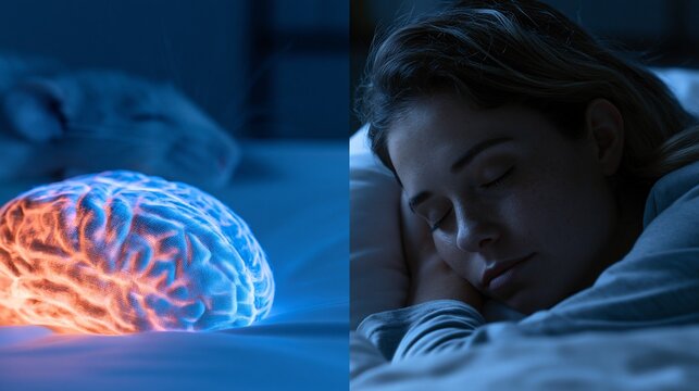 Split-screen scientific concept with a mouse brain glowing under gentle stimulation beside a person sleeping peacefully in bed, dark lab-like setting, thoughtful mood, low blue lighting, balanced