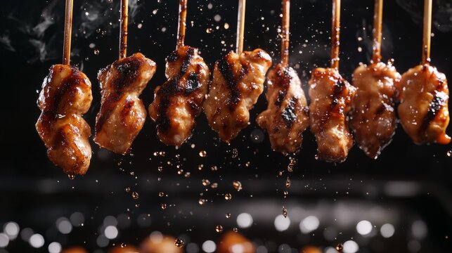 yakitori skewers floating in the air, generative ai