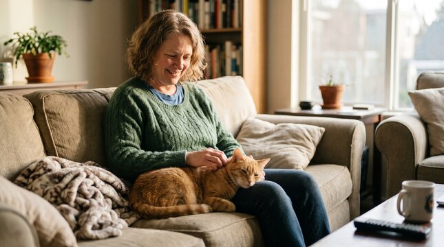 Person petting calm cat on sofa cozy home comfort bonding moment relaxation lifestyle peaceful indoor scene.