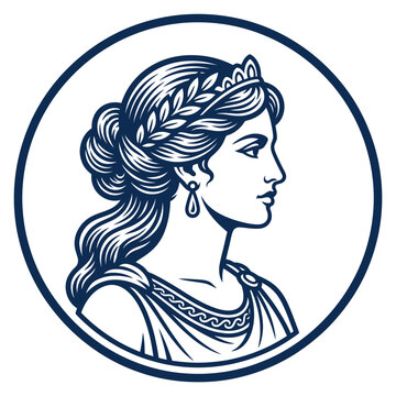 Ancient greek goddess profile inside circular blue frame.