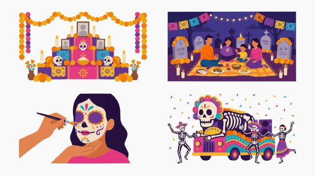 Collection of Dia de los Muertos celebration elements: an altar with offerings, a family gathered at a cemetery, face painting, and a parade float with skeletons