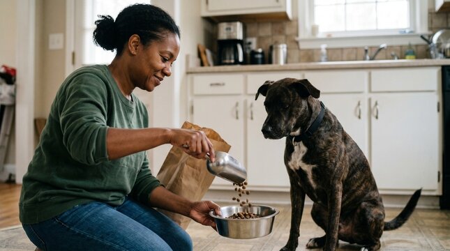 Person putting dog food into bowl pet care feeding routine home animal nutrition daily lifestyle concept scene.