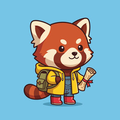 Fototapeta premium This image features an adorable cartoon red panda, equipped with a map and a backpack, conveying a sense of adventure and exploration in a playful and charming style.