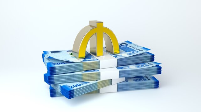 A 3D render showing three strapped stacks of blue 200 Azerbaijani manat banknotes arranged neatly on a clean white background, topped with a shiny golden metallic Azerbaijani manat currency symbol.