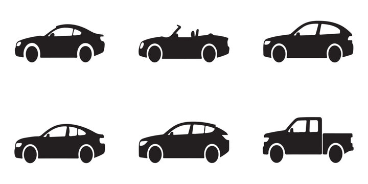 Set of various car type icons in black silhouette. graphic design collection depicting different vehicle models.