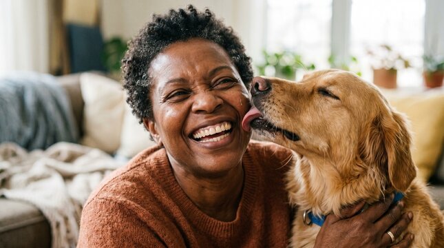 Person smiling as dog licks face joyful pet affection playful bonding happiness lifestyle candid indoor moment.