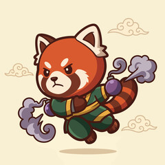 Fototapeta premium This vibrant image portrays a fierce yet cute red panda character executing martial arts moves, showcasing action, energy, and a playful spirit.