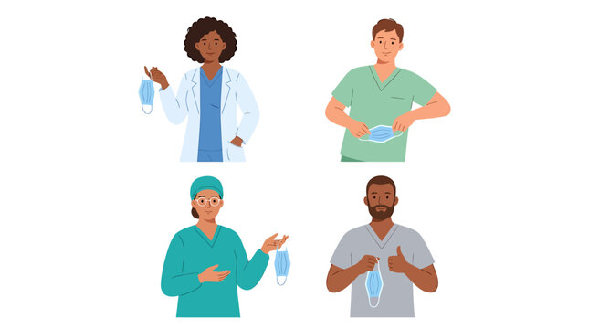 Diverse medical professionals including doctors and nurses wearing protective gear and holding surgical face masks for healthcare safety
