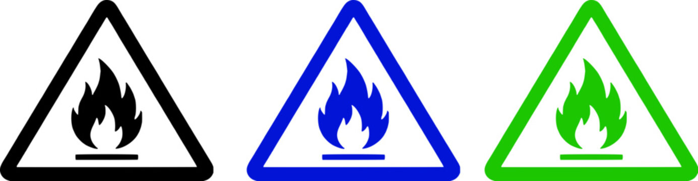 Warning signs of fire, triangle caution icons with flame symbols in black, blue, and green colors, indicating danger and safety alert.