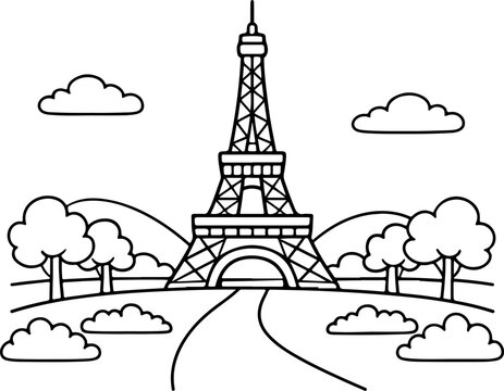 eiffel tower paris france cartoon outline hand drawn line Art illustration doodle art coloring page for kids