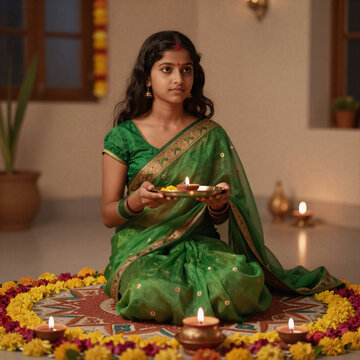 Biomechanical Indian 20-25. An Indian Woman In A Green Saree Holds A Pooja Thali While Sitting At Home, Celebrating Diwali With Flower Rangoli And Samai