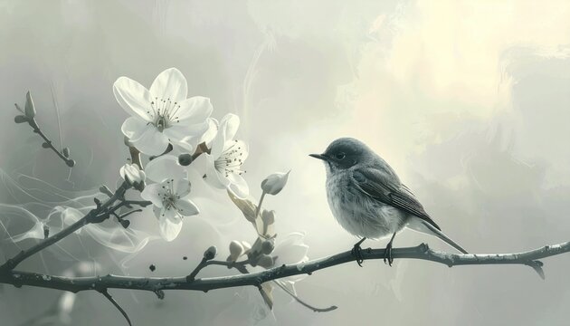 Delicate image of a small bird perched on a branch with white blossoms in a soft, hazy setting