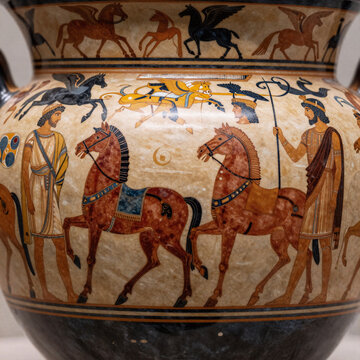 Vaporwave Ancient Vase. Ancient Greek Red-Figure Style Vase Painting Featuring Centaurs And Mythological Gods On A Horizontal Seamless Pattern Reminiscent Of Olympus