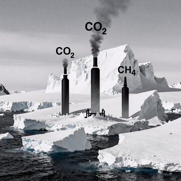 Black And White Ink Gas Kyoto. Antarctica In Danger Due To Increasing Greenhouse Gas Emissions