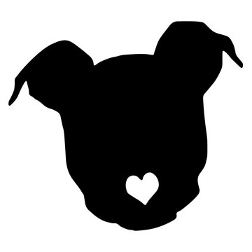 Pit Bull Dog Head Silhouette with Heart Illustration, Black Pet Love Rescue Animal Clipart, Cute Puppy Lover Icon on White Background