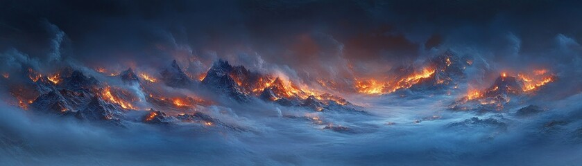 Fototapeta premium Fiery peaks pierce a stormy sky above a landscape of clouds.