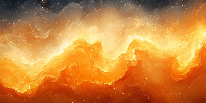 Glowing abstract, orange and yellow energy waves with textural, fluid textures on canvas