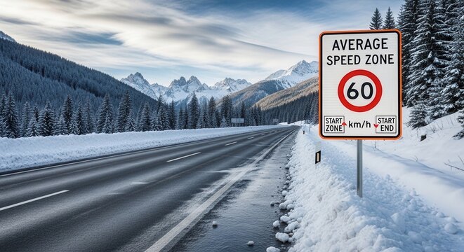 Winter Highway Scene Featuring Speed Limit Sign Amidst Snow-Covered Mountains