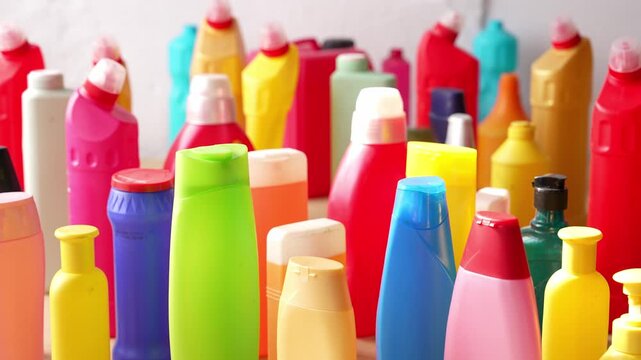 Household chemicals. Plastic cleaning product bottles and containers