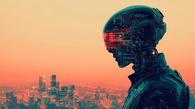 a profile of a robotic figure with complex, exposed circuitry and a glowing red visor overlooks a hazy, sunlit cityscape at dusk.