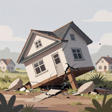 Editorial Illustration Insurance Destruction. Earthquake Risk Home Insurance Concept Visualization