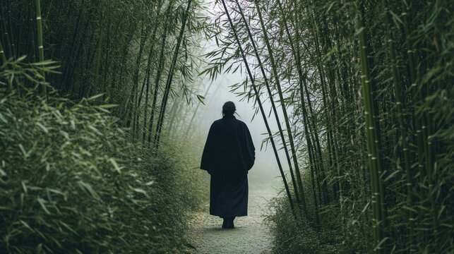 Person walking down a path through a bamboo grove.