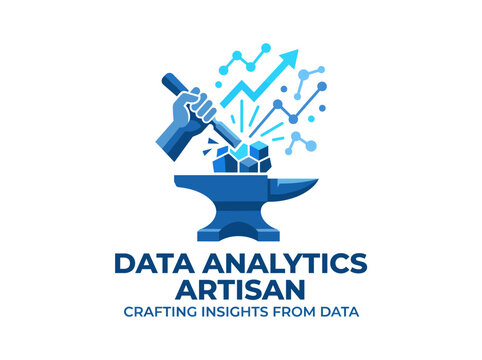 The logo depicts a data analytics artisan crafting insights from data, featuring graphical elements and tools symbolizing innovation in data analysis.