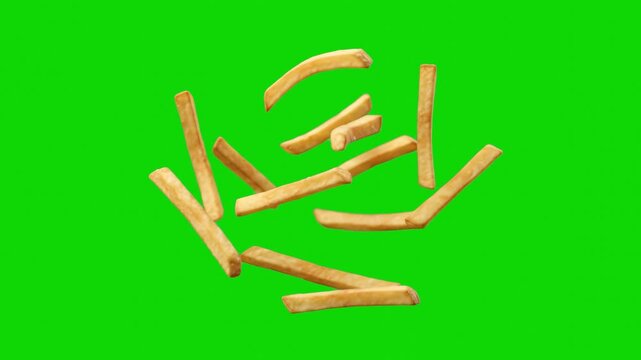 A dynamic explosion of golden, crispy french fries falling and spinning through the air. Shot on a vivid chroma key green screen, this food animation is tailored for immediate background removal in fa