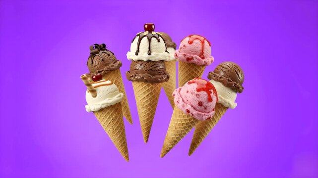 A vibrant arrangement of various ice cream cones including chocolate, vanilla, and strawberry flavors topped with syrup. The colorful 3D rendering provides a clean aesthetic against a solid purple bac