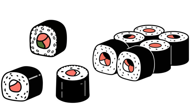 Sushi rolls, Japanese food, vector illustration, black and white sushi, salmon filling