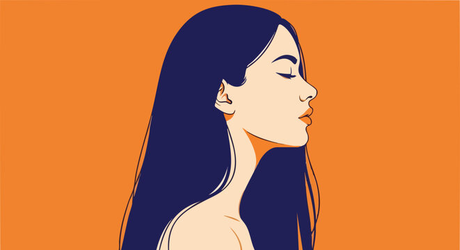 Vector woman profile, long hair, dark blue, orange background, illustration