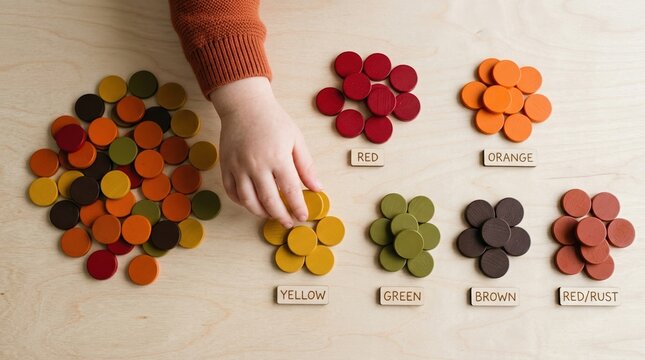 Toddler sorting wooden colored discs by color on wooden table for early childhood education and cognitive development