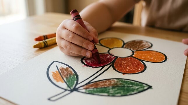 Young Child Coloring Flower Drawing with Crayon at Home Table for Creative Development and Early Childhood Education