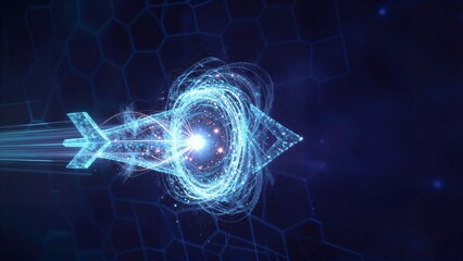 Fototapeta premium A glowing blue arrow composed of particles, set against a hexagonal grid background.