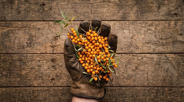Hand in leather glove holding fresh sea buckthorn berries for organic harvest and healthy superfood nutrition concept