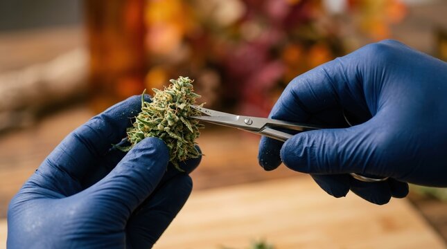 Professional Cannabis Trimming Process with Blue Gloves and Scissors for Quality Control and Marijuana Production