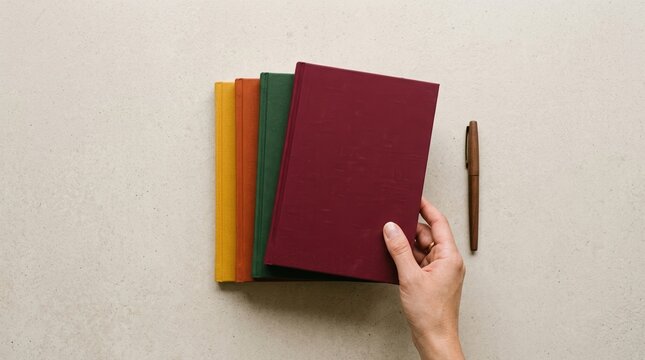 Hand holding stack of colorful notebooks for creative planning and minimalist organization on neutral background